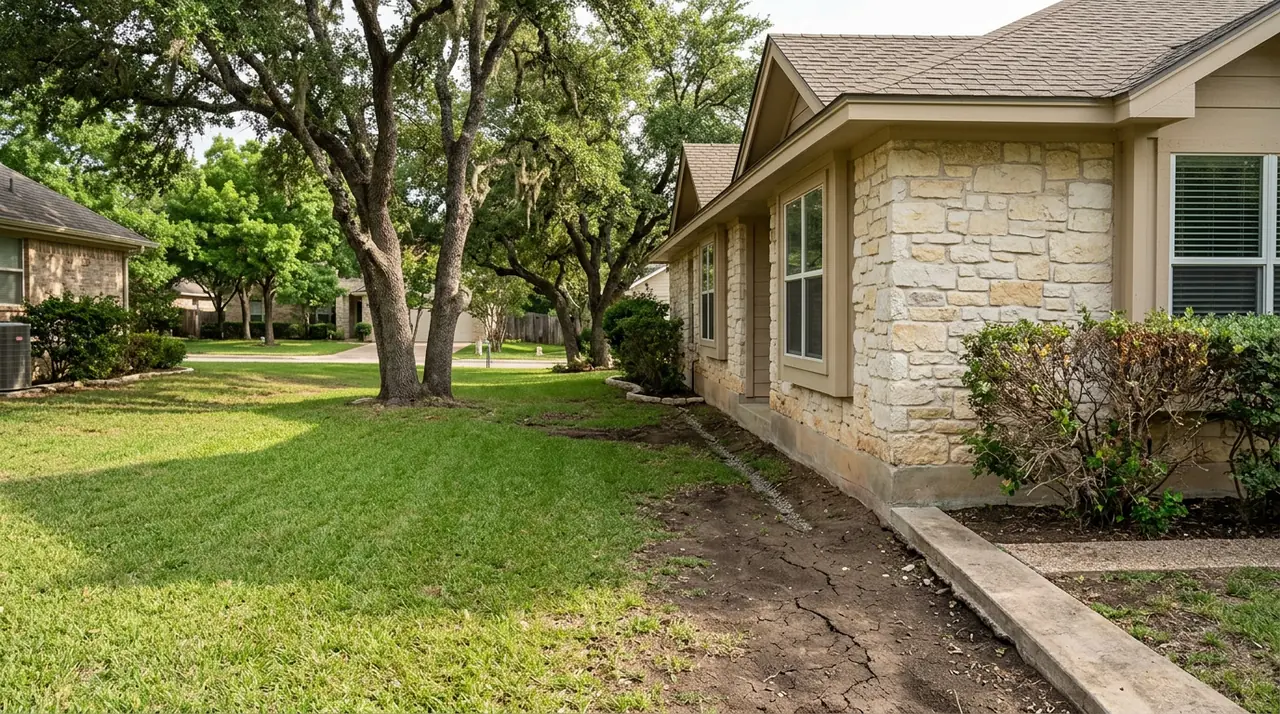 Limestone Austin house with dry, cracked clay pulled away from the concrete slab edge.