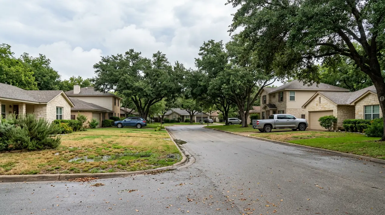 Austin residential street of limestone houses, live oak shade, and drought-stressed lawns.