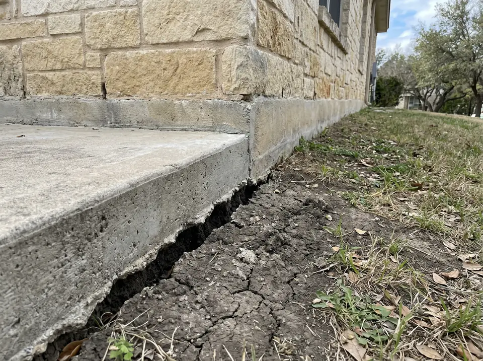 Close view of dry clay pulled away from a limestone house slab, leaving a gap at the foundation.